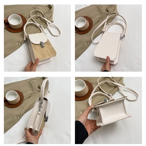 Four views of a mini beige crossbody bag with khaki suede flap and metal clasp detail