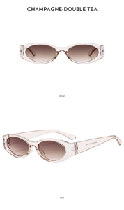 Front and side views of champagne-colored Y2K sunglasses with brown gradient lenses