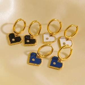 Three pairs of 14K gold plated stainless steel heart earrings with colorful enamel and crystals