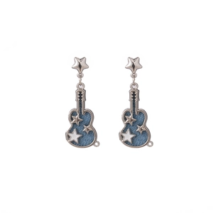 French vintage blue guitar earrings with denim texture and silver stars on white background