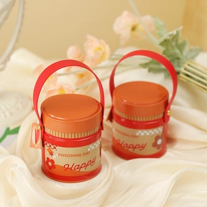 Chinese wedding style red tin gift box with leather handle for candy and snacks packaging