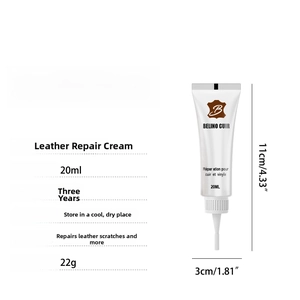 Detailed specifications of 20ml leather repair cream showing dimensions and net weight
