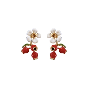 Vintage enamel floral earrings with white flowers and red berry pendants on gold metal
