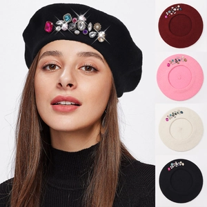 Wool Blend Beret Hat Women Winter Warm Solid Color Elegant Painter Cap With Colorful Rhinestone Crystal