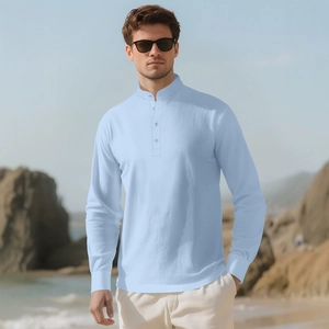 Men's light blue linen long sleeve casual shirt with stand collar and three buttons
