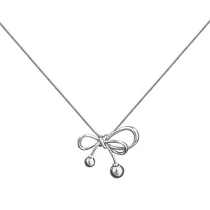 Silver bow pendant necklace with metallic beads on a delicate snake chain for women