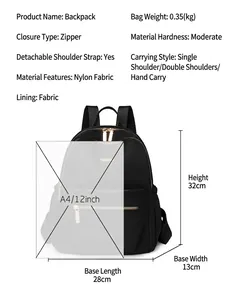 Fashion nylon backpack for women showing size dimensions and 32x28x13cm large capacity