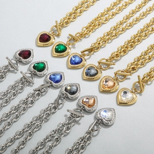 Colorful heart crystal necklaces with OT buckle in gold and silver stainless steel