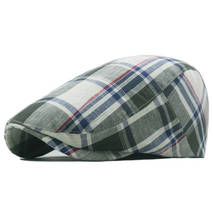 Adjustable cotton colorful plaid flat cap with British style pattern on white background