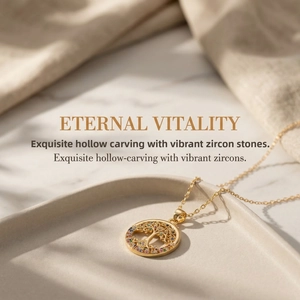 Detailed close-up of 18K gold tree of life pendant featuring colorful zircon crystals