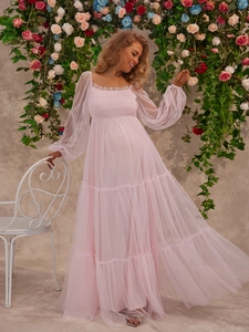 Maternity Pink Mesh Long Sleeve Dress Elegant Ruched Square Neck Tiered Cake Tulle Gown For Photography