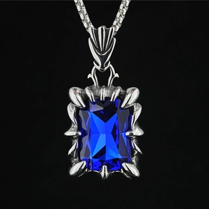 Retro dragon claw pendant necklace with rectangle blue gemstone on a black box chain