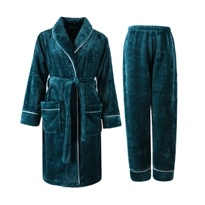 Thick coral fleece pajamas set with dark green robe and pants featuring white trim detail