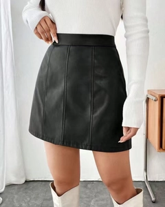 Detailed view of high waist black PU leather A-line mini skirt with vertical seam stitching