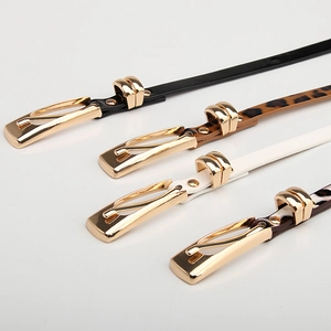 Slim women's fashion belts set with gold rectangular buckles in solid colors and leopard print