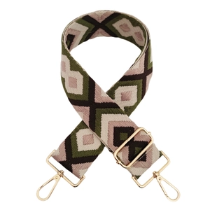 Detail of 5cm wide jacquard strap with diamond pattern and adjustable gold buckles