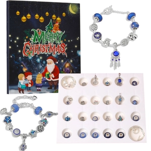 Blue Christmas advent calendar set with two bracelets and 22 festive charms and beads
