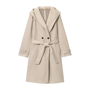 Women's oatmeal hooded wool coat with belt and double-breasted buttons in mid-length fit