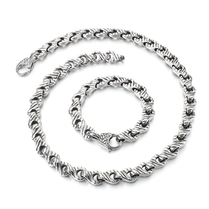 Punk style stainless steel necklace and bracelet set with spiral textured link design