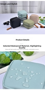 Detail showing waterproof nylon fabric texture with water droplets on a square makeup bag
