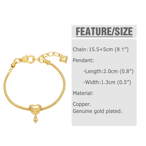 Detail of gold snake chain bracelet featuring MOM heart pendant and copper plating specs