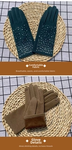 Close-up of thick fleece lining and rhinestone details on warm winter outdoor gloves
