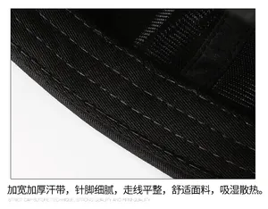 Detail view of widened sweatband and precision stitching on the black docker hat