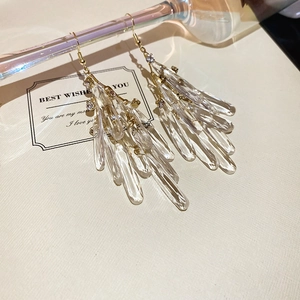 Detail of crystal drop tassel earrings with gold hooks and sparkling rhinestone accents
