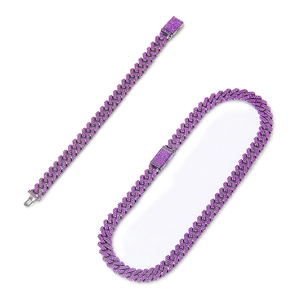 Luxury silver Cuban link necklace and bracelet set with iced out purple zircons