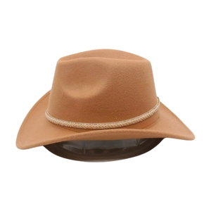 Detail of a brown felt cowboy hat featuring a sparkling rhinestone and gold cord band