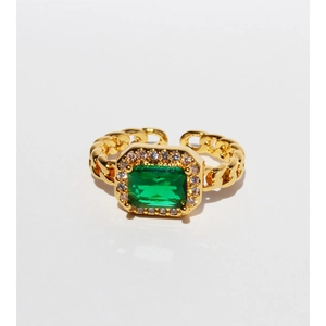 French Retro Brass Zirconia Open Ring Emerald Green Square Stone Chain Design Adjustable Fashion Jewelry For Women