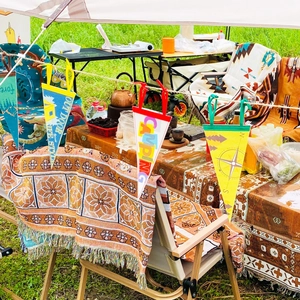 Outdoor camping triangle bunting flags with vintage lifestyle designs and hanging ropes
