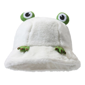 Cute white plush frog bucket hat for winter with green cartoon eyes and warm fuzzy texture