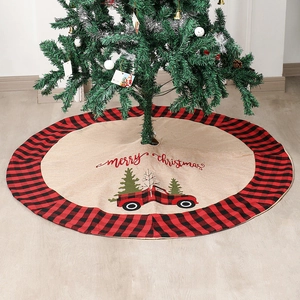 Christmas Tree Skirt Buffalo Plaid Edging Linen Burlap Red Truck Embroidery Round Rustic Holiday Farmhouse Decor
