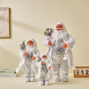 Christmas Santa Claus Figurine Nordic White Silver Sequin Furry Desktop Ornament Festive Holiday Decoration