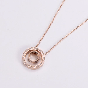Elegant rose gold double interlocking ring necklace with micro-pave zirconia crystals