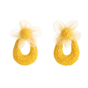 Handmade raffia woven teardrop earrings with yellow mesh floral accents for summer vacation