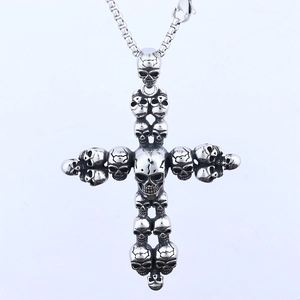 Gothic punk style stainless steel skull cross pendant necklace with a vintage box chain