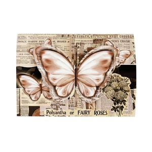 Retro 3D butterfly greeting card with vintage newspaper collage and floral patterns