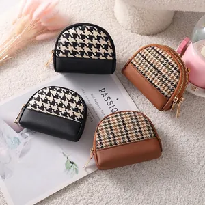Mini Coin Purse Small Wallet Women Fabric Houndstooth And PU Leather Zip Pouch With Key Ring For Card Lipstick Organizer