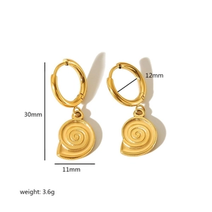 Gold stainless steel hoop earrings with shell pendants and detailed size specifications