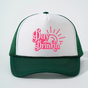 Green and white trucker hat featuring Day Drinkin' vintage pink print and mesh back