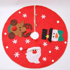 100cm red embroidered Christmas tree skirt with Santa Claus, reindeer, and snowman designs