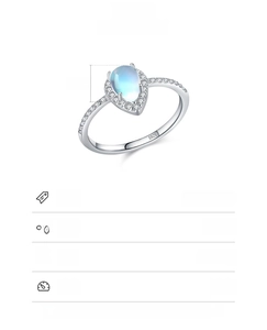 Detailed specs of S925 sterling silver ring with 5x7mm teardrop moonstone and zircons