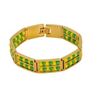 Golden stainless steel bracelet with double-row yellow and green natural stone beads