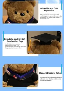 Close-up of graduation bear features with doctoral cap and floral trim gown details