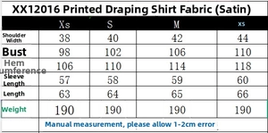 Size chart for women printed satin shirt featuring shoulder, bust, and sleeve measurements