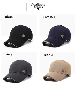 Detail of four baseball caps in black navy grey and khaki with metal logo accents