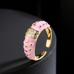 Bohemian 18K gold plated copper ring with pink enamel and star zircon accents