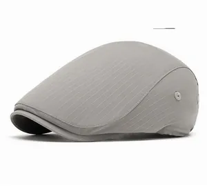 Macro view of light gray pinstripe flat cap featuring side ventilation eyelet detail